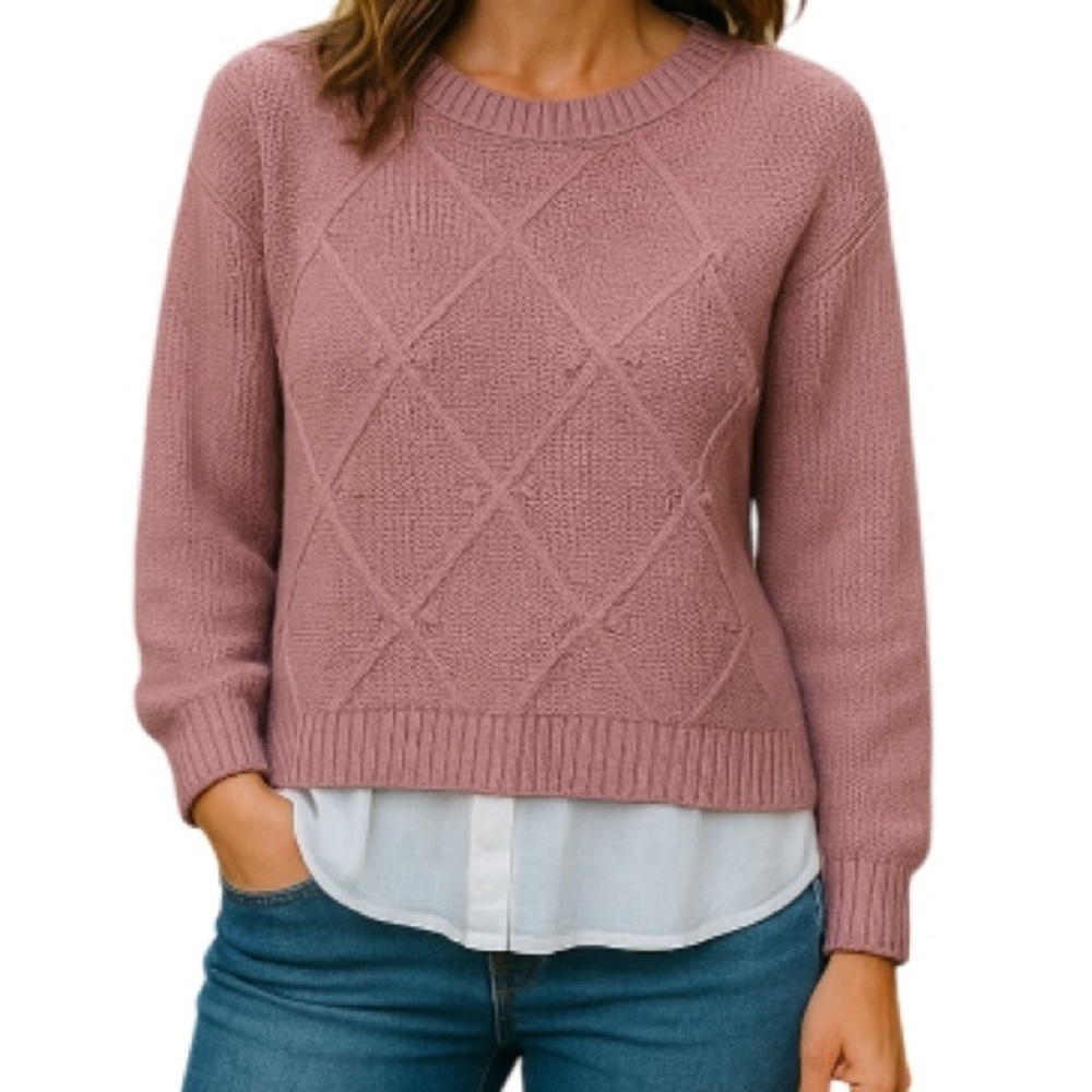 SUZY SHEIR Crew Neck Fooler Sweater Layered Look Pink White Cable Popcorn Knit L